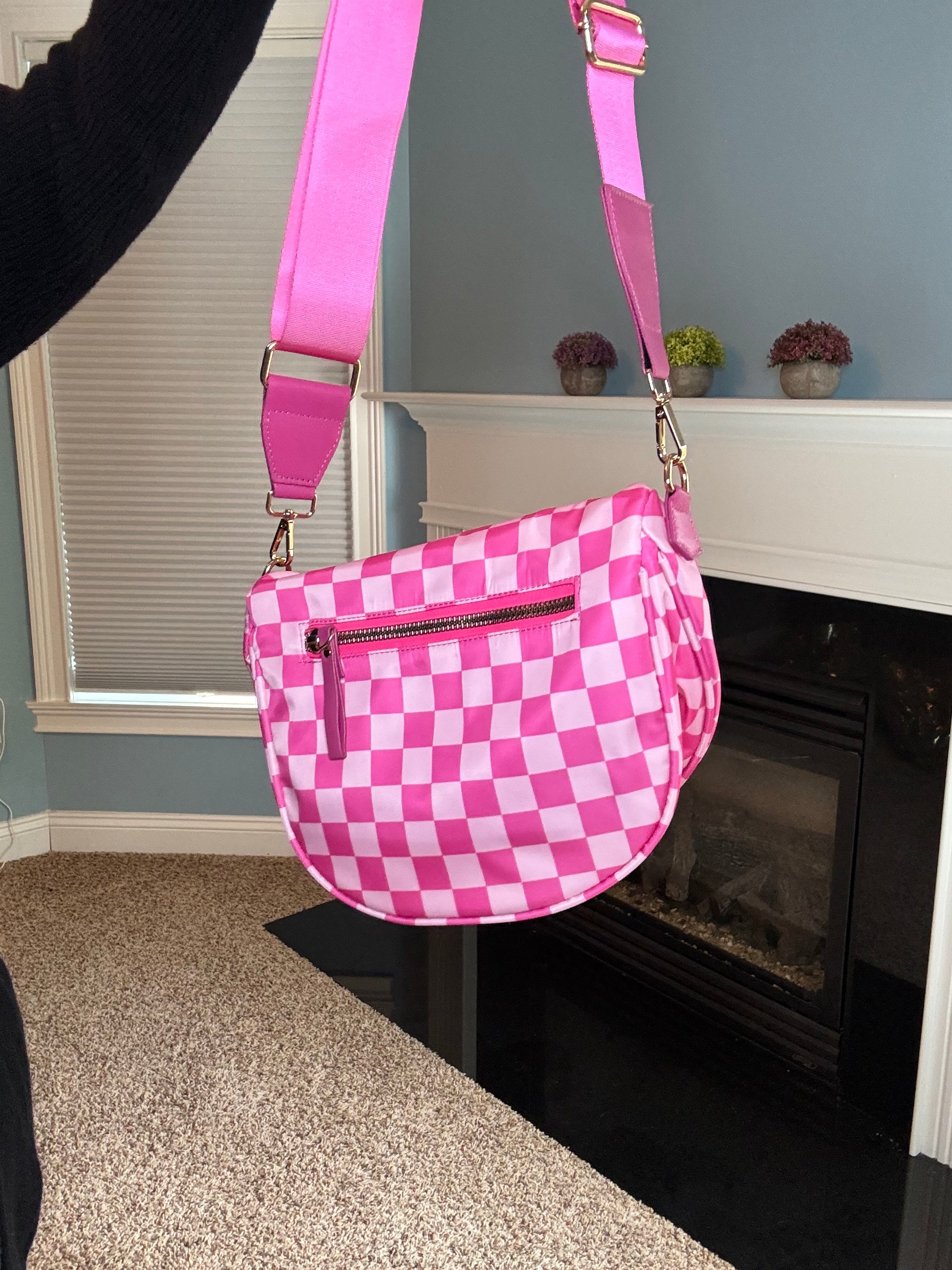 The Roni Nylon Crossbody - Checkered Hot Pink