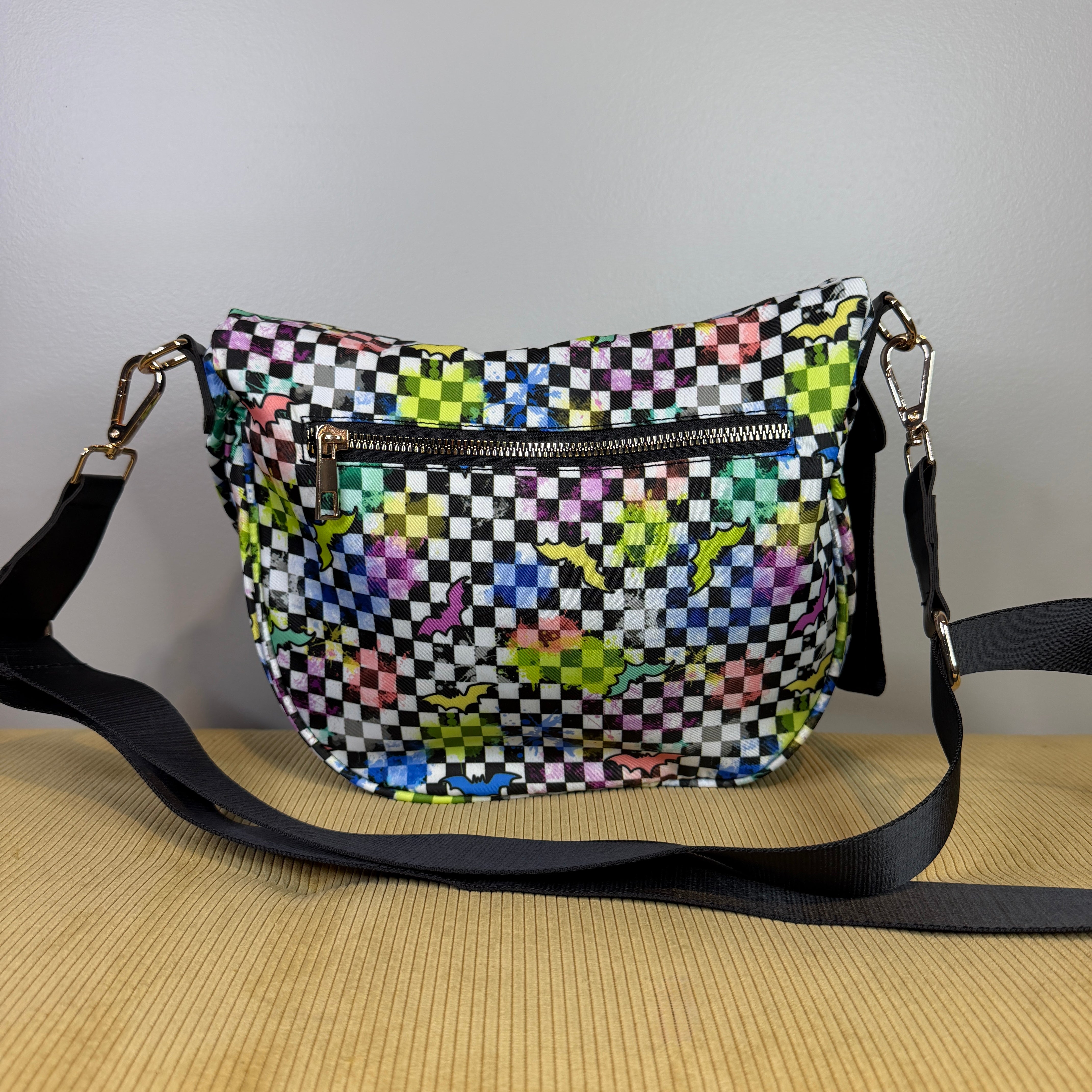 The Roni Nylon Crossbody - Halloween Fall Rainbow Bat Checker