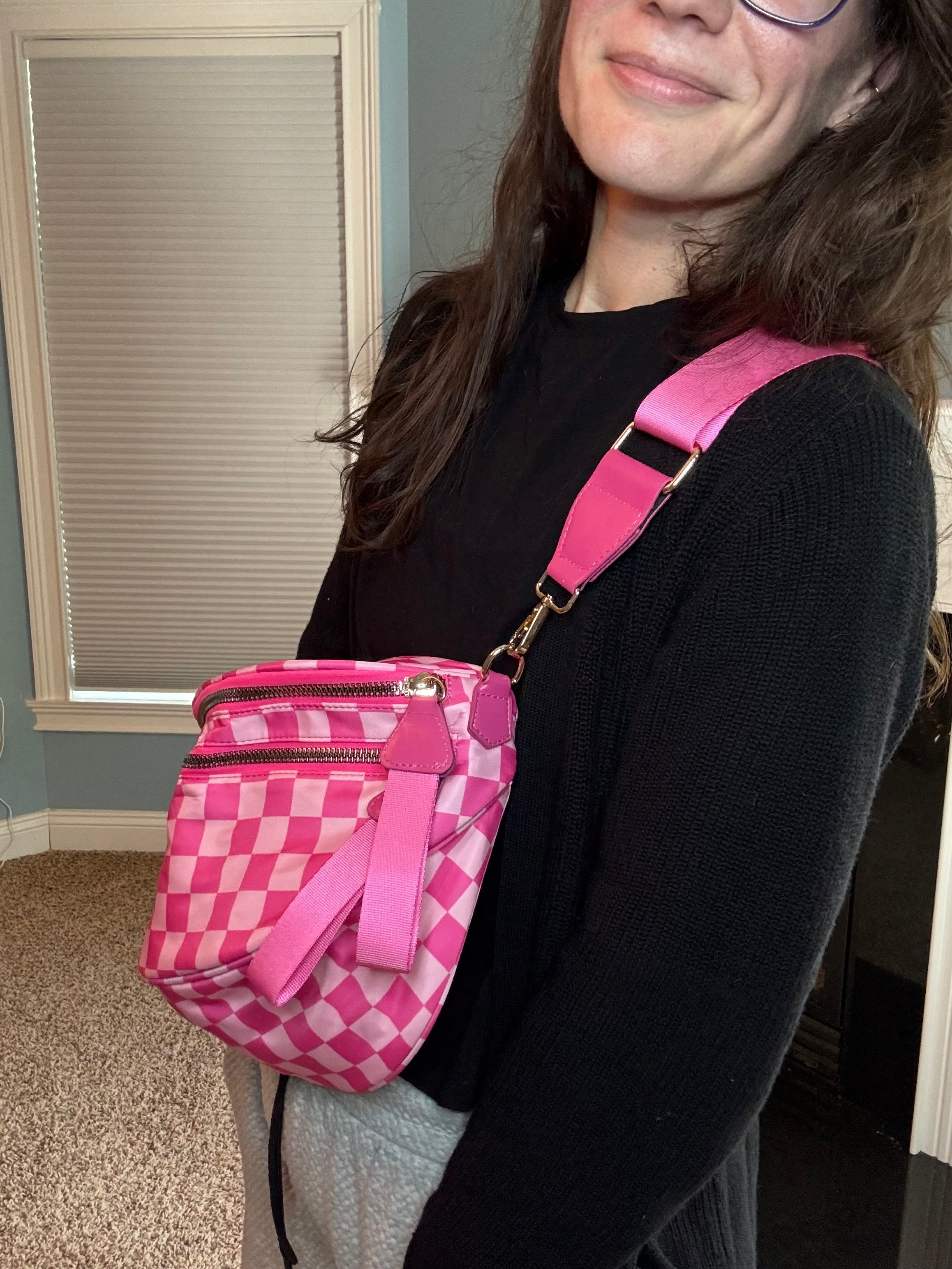 The Roni Nylon Crossbody - Checkered Hot Pink