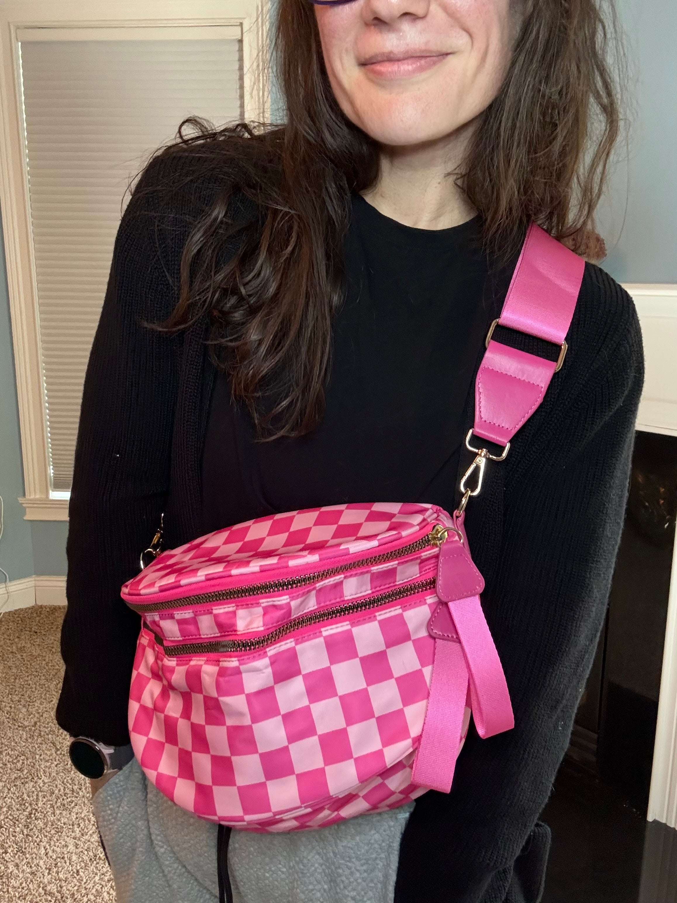The Roni Nylon Crossbody - Checkered Hot Pink
