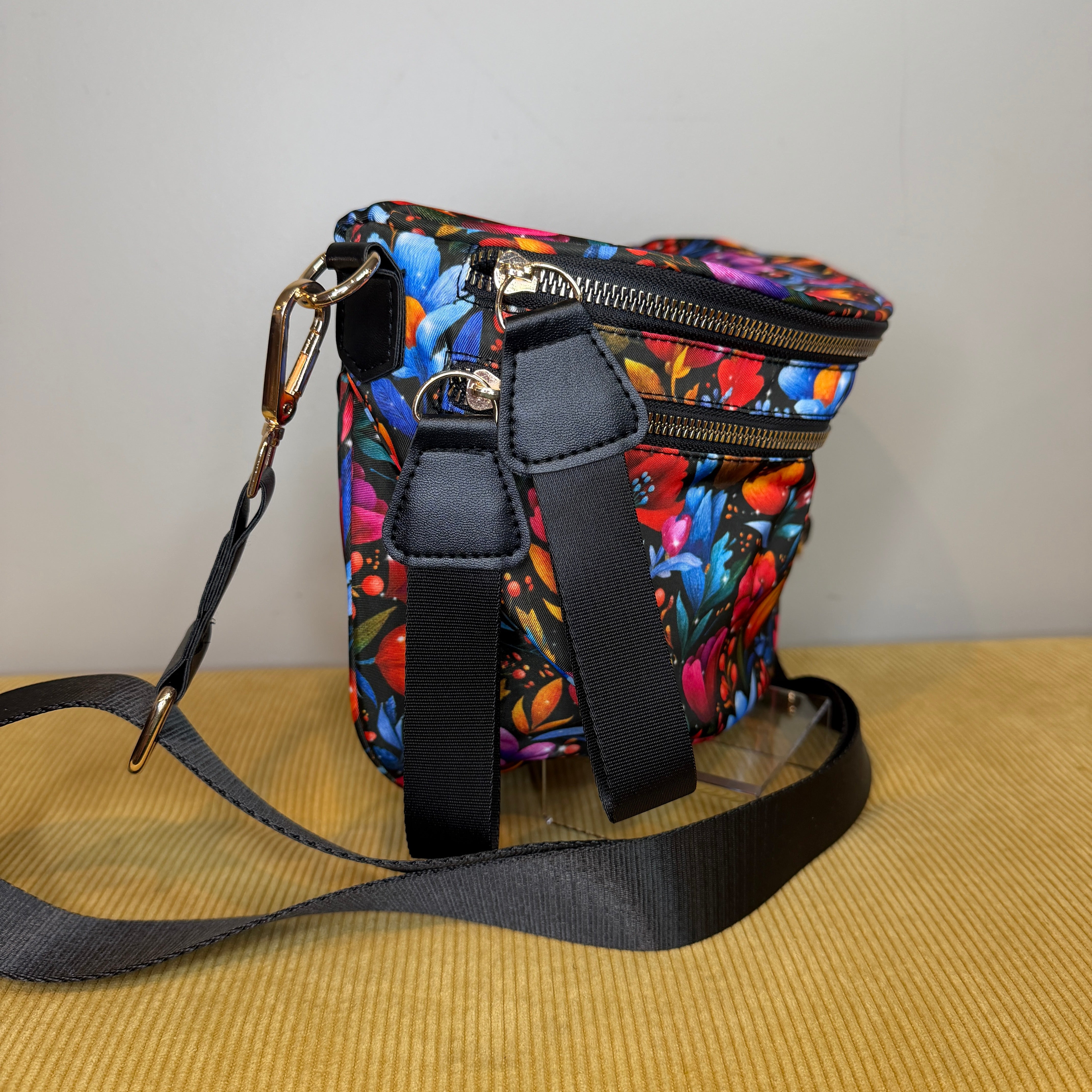 The Roni Nylon Crossbody - Floral Bright Red Blue on Black