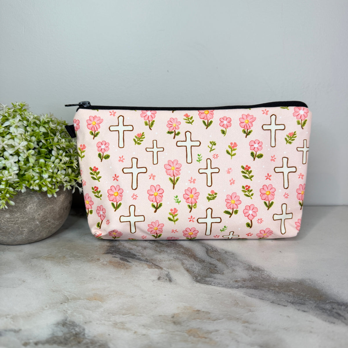 Pouch - Religious Pink Floral Cross
