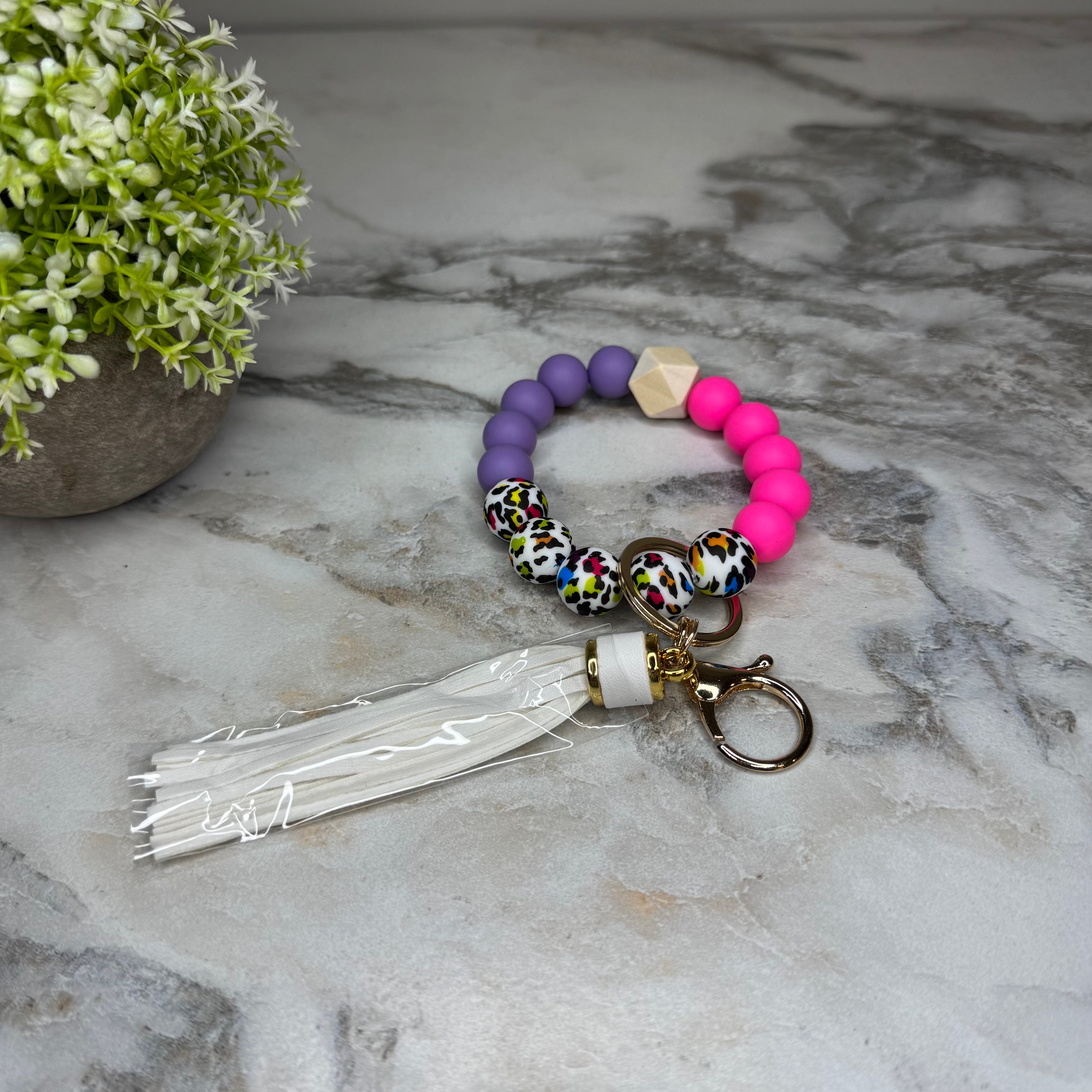Silicone Bracelet Keychain - Animal Print Pink & Purple