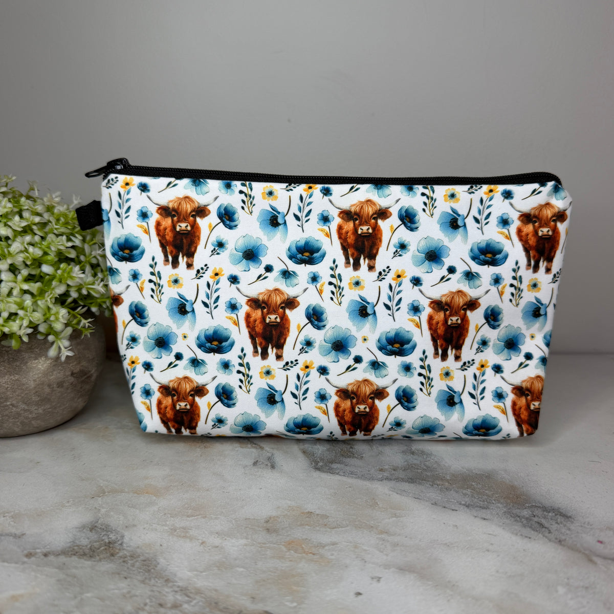 Pouch - Highland Cow Blue Floral