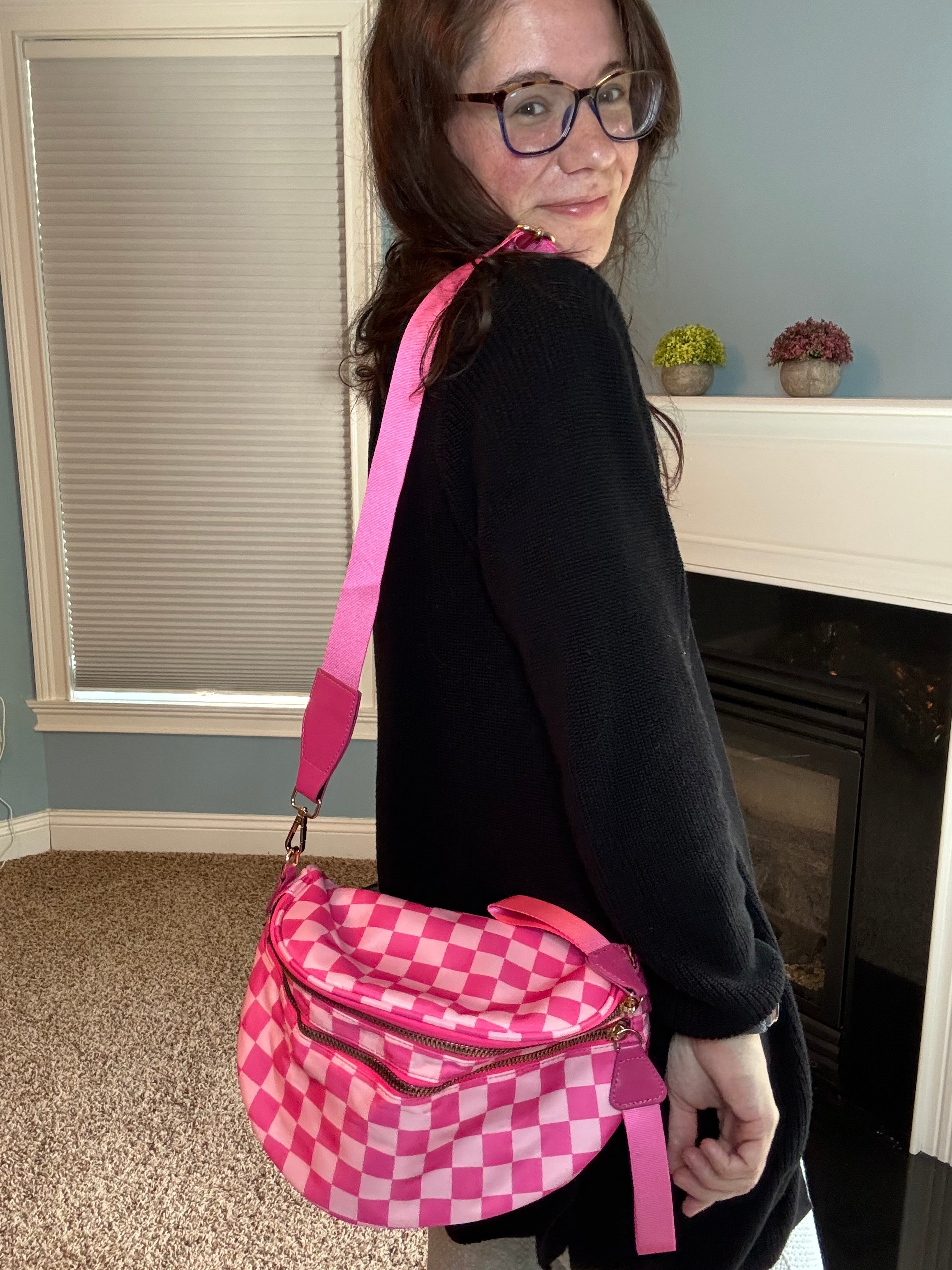 The Roni Nylon Crossbody - Checkered Hot Pink