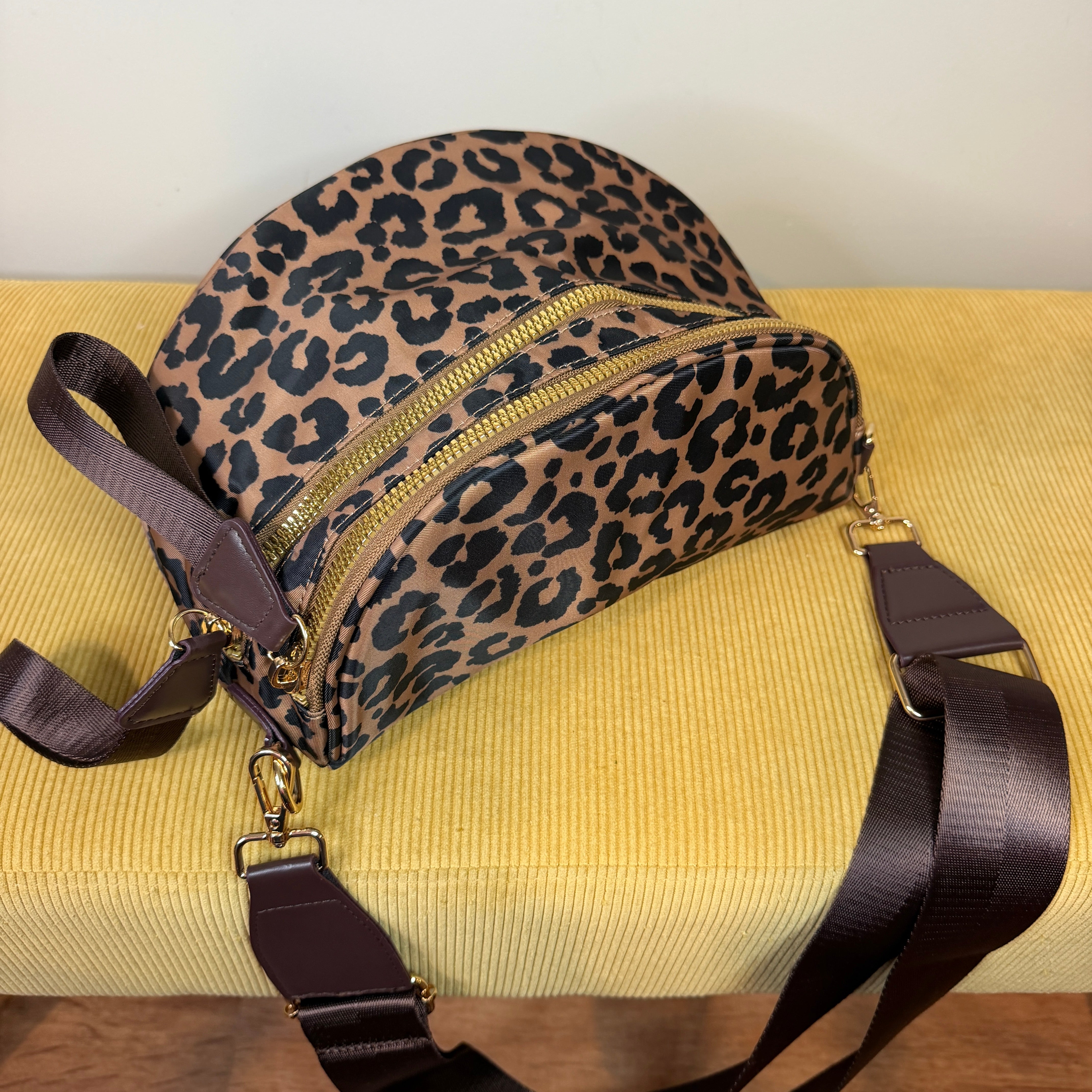 The Roni Nylon Crossbody - Black & Caramel Animal Print