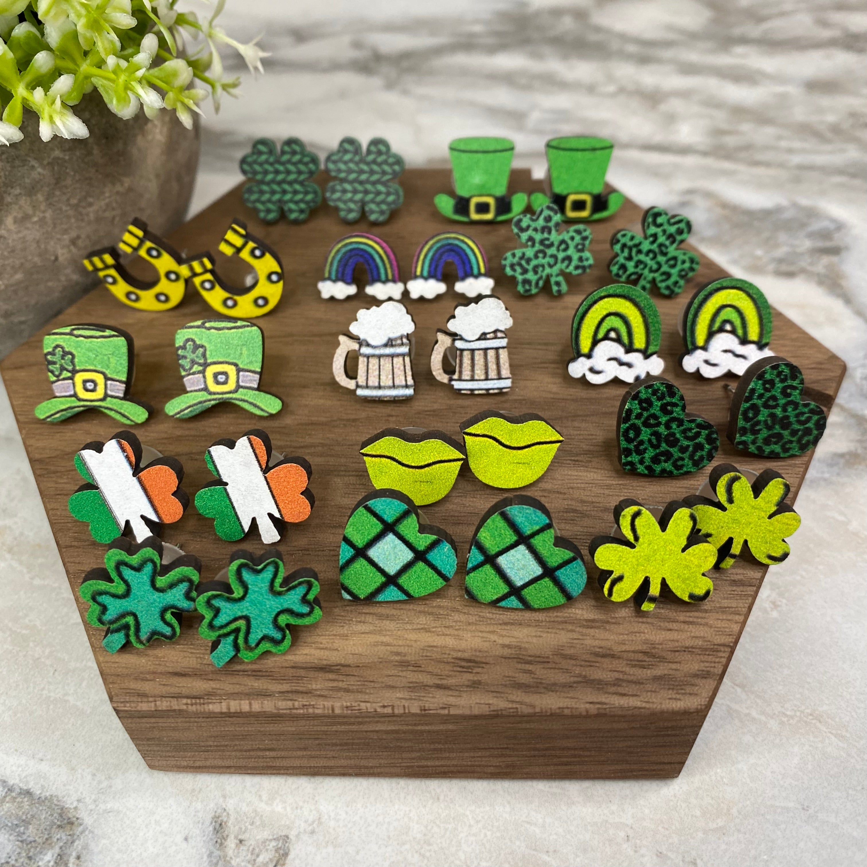 Wooden Stud Earrings - St. Patrick’s Day - Lucky Green Mix